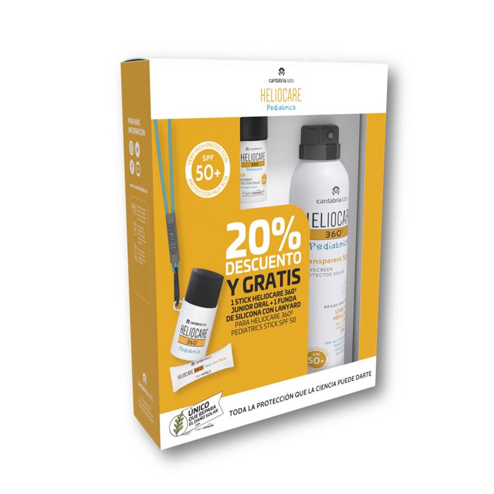 HELIOCARE 360 PEDIATRICS CASE 4 pcs (Protector solar stick SPF50 25 g + Protector solar vaporizador SPF50 200 ml +  Fotoprotección desde el interior 1 u + Funda de silicona con correa 1 u)