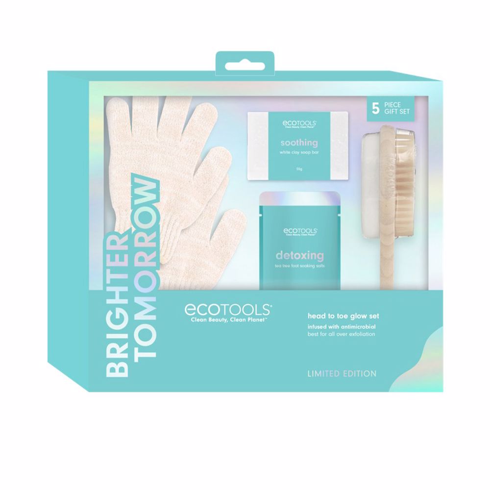BRIGHTER TOMORROW GLOW HEAD TO TOE set (Exfoliating gloves for bath and shower + Foot brush with pumice stone + Bar of clay soap + Bath salts for feet)