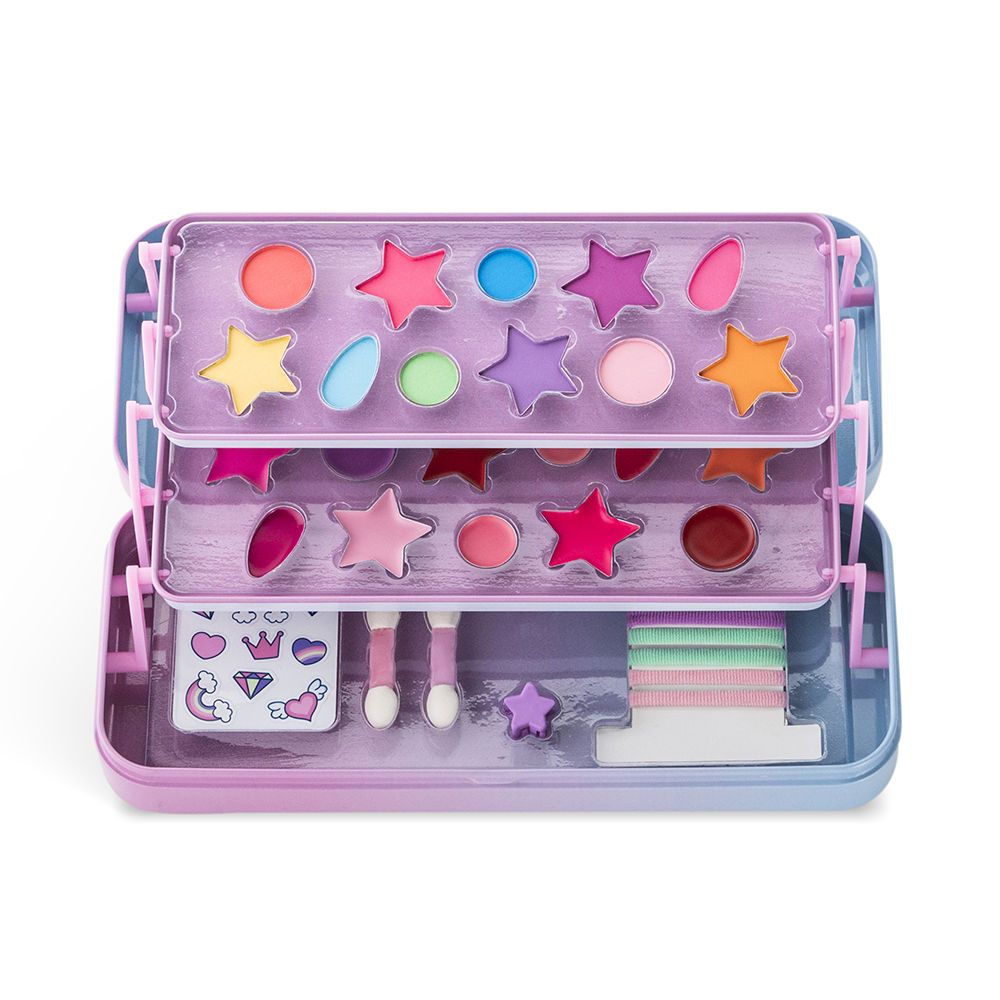 LITTLE UNICORN TIN CASE 3 LEVELS LOT 29 pcs (paleta sombras de ojos (11 colores) + paleta brillos de labios (11 colores) + 2 aplicadores + pegatinas + 2 elásticos para el pelo + 2 clips)
